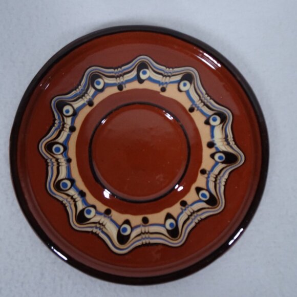 Troyan Bulgarian Pottery Serving Plate Dish Hand-Painted Folk Art Redware 7.5" - Picture 2 of 5